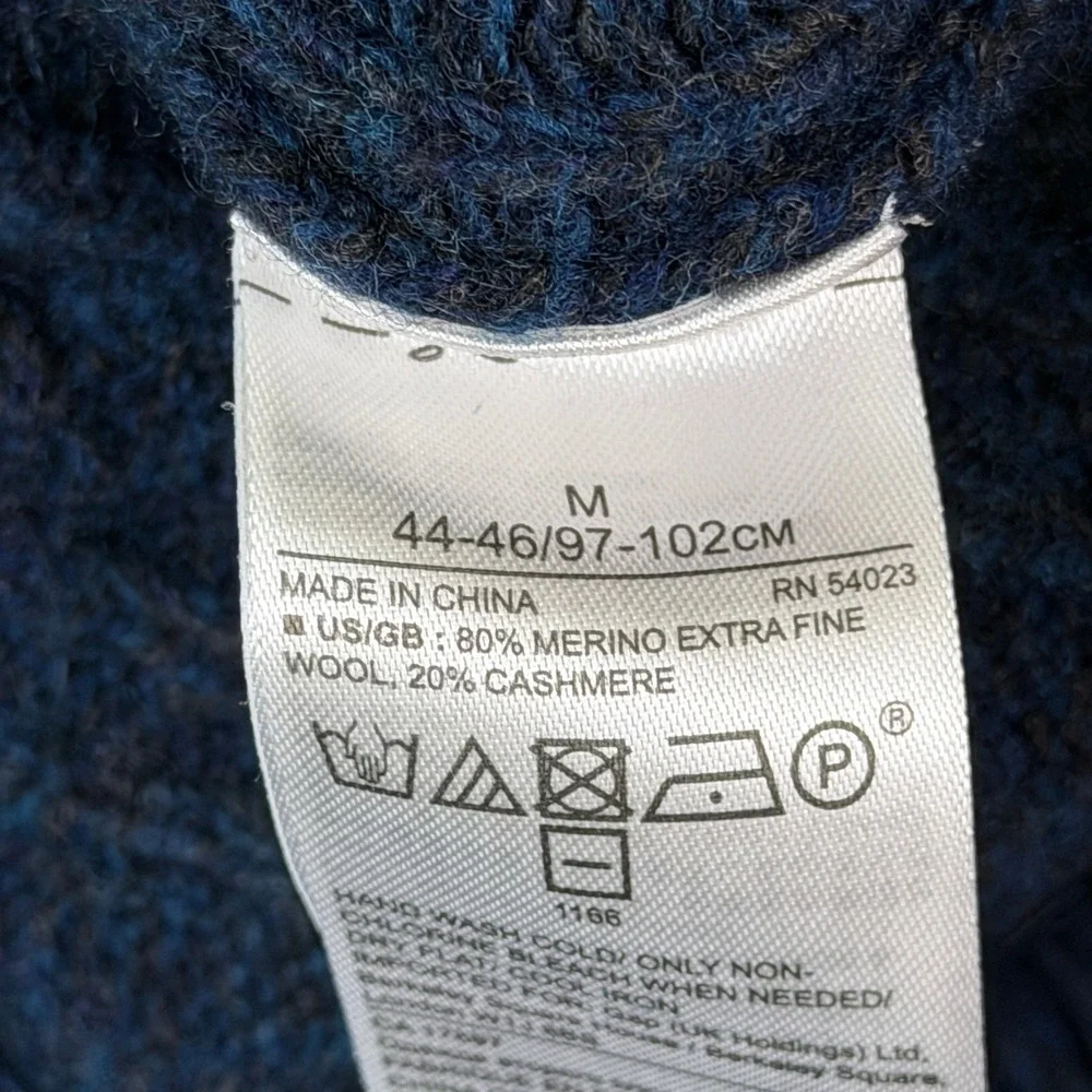 Banana Republic Sweater Mens M Blue Cable Knit Fisherman Wool Cashmere Crew Neck
